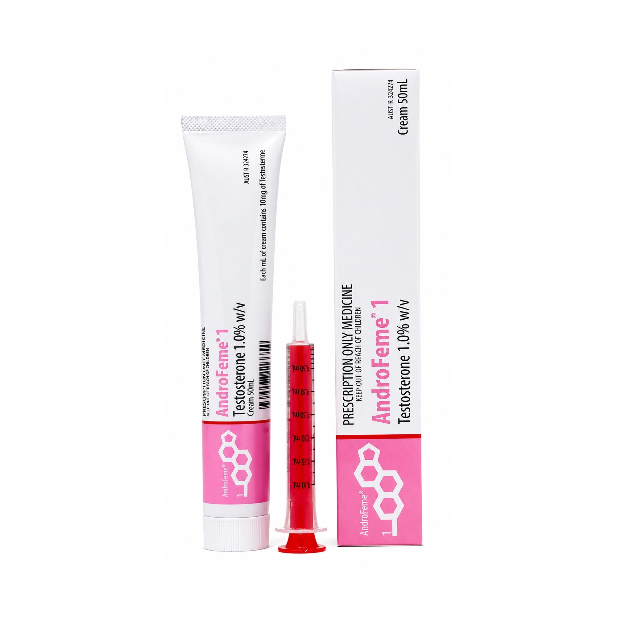 AndroFemme 1 cream tube and syringe with packaging on a white background