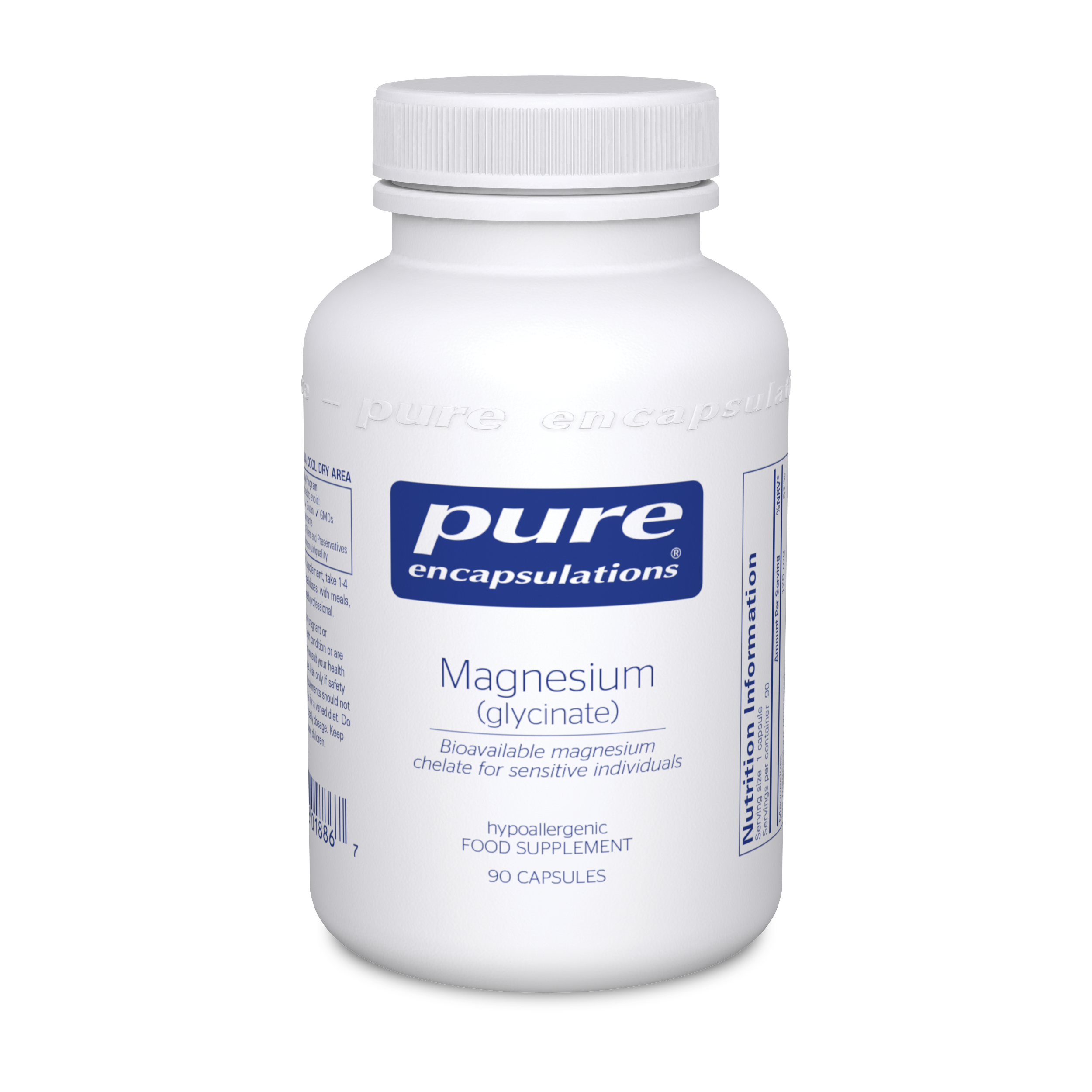 A white plastic bottle of Pure Encapsulations Magnesium (glycinate) dietary supplement, containing 90 capsules, shown on a clean white background.